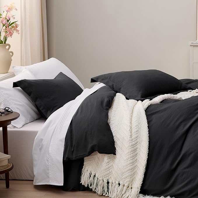 Bedsure Black Duvet Cover Full Size - 3 Pieces Prewashed Extra Soft Cotton-Like Bedding Set, Includes 1 Duvet Cover 80x90 Inches with Zipper Closure & 2 Pillow Shams, Comforter Not Included