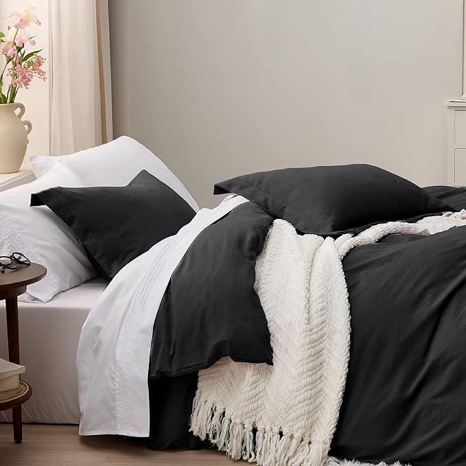 Bedsure Black Duvet Cover Twin/Twin XL Size - 2 Pieces Prewashed Cotton-Like Extra Soft Bedding Set, Includes 1 Twin Duvet Cover 68x90 Inches with Zipper Closure & 1 Pillow Sham, No Comforter