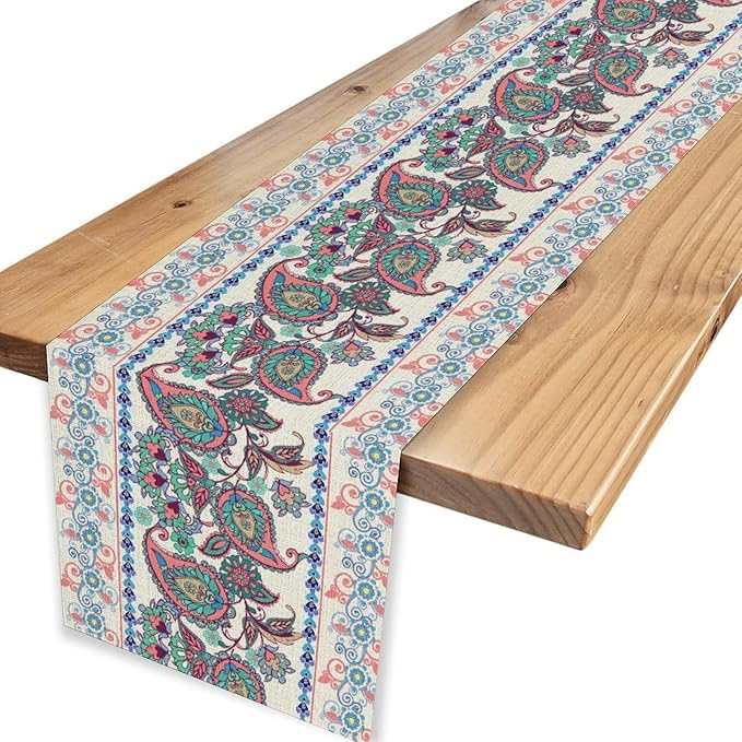 Vintage Paisley Table Runner, Rustic Pink White Paisley Floral Retro Boho Art Table Center Decor for Family Kitchen Farmhouse Holiday Party Table Decorations Indoor Outdoor 13x72 inch