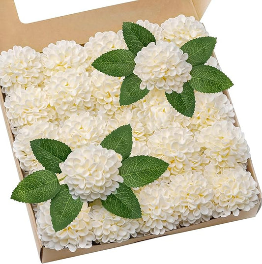 Artificial Flowers, 100pcs Realistic Artificial Rose for DIY Wedding Bouquets Centerpieces Arrangements, Cream Dahlia Flowers with Stem for Bridal Shower Party Home Decorations