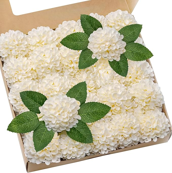 Artificial Flowers, 50pcs Realistic Artificial Rose for DIY Wedding Bouquets Centerpieces Arrangements, Cream Dahlia Flowers with Stem for Bridal Shower Party Home Decorations