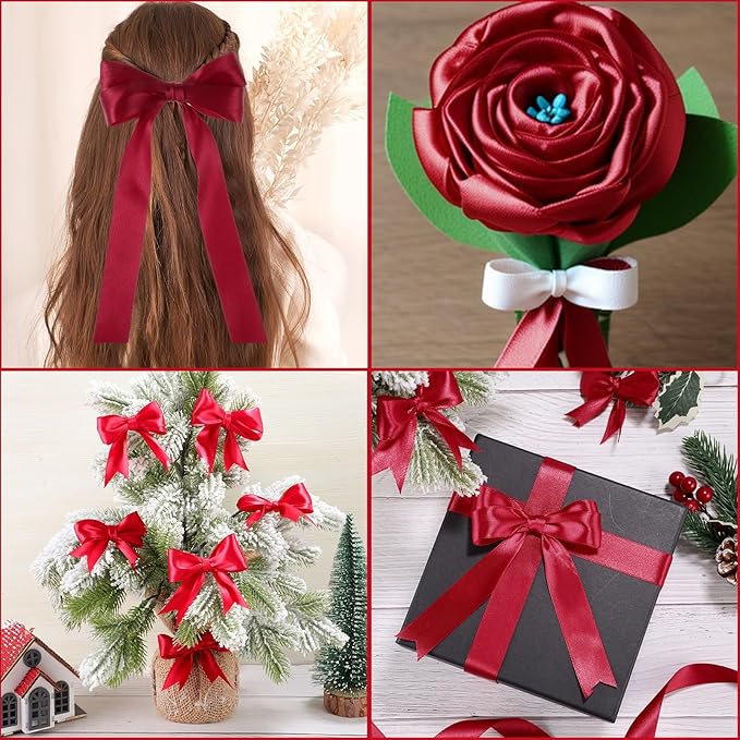 Wine Red Ribbon 1 inch 60 Yards Double Faced Red Satin Ribbon for Crafts Wedding Invitation Bows Making Gift Wrapping Decorations