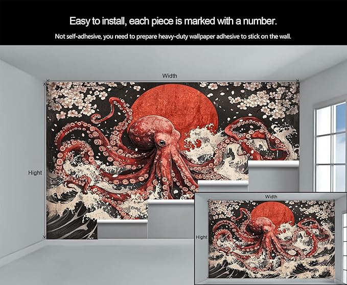 Japanese Wave Octopus Wall Mural, Japanese Traditional 3D Wall Murals, Ocean and Octopus Wallpaper Mural, for Living Room Bedroom Large Wallpaper Indoor Decor 118" W x 82.6 "H