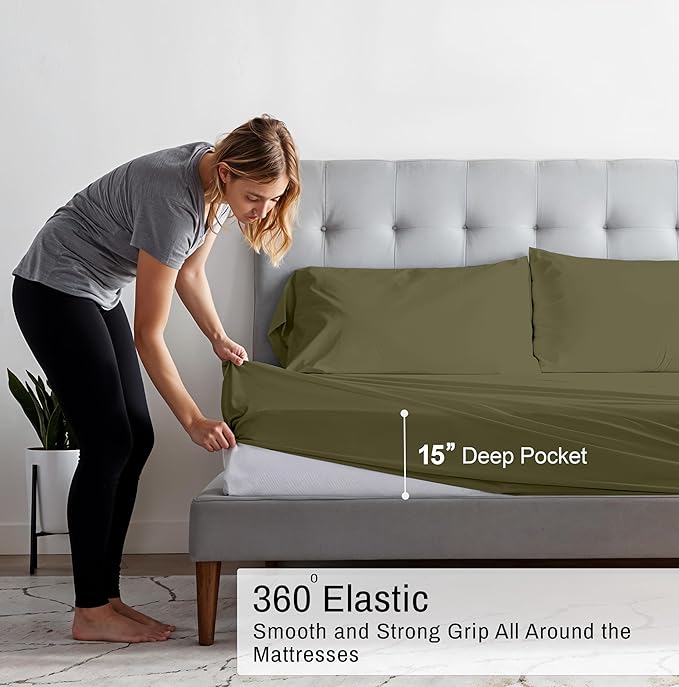 RUVANTI 100% Organic Cotton Sheets King Size, Percale Weave, GOTS Certified, 4-Piece Set, Deep Pocket 15", Crisp & Breathable, Soft Durable Bedding, Sábanas Algodón Orgánico – Olive