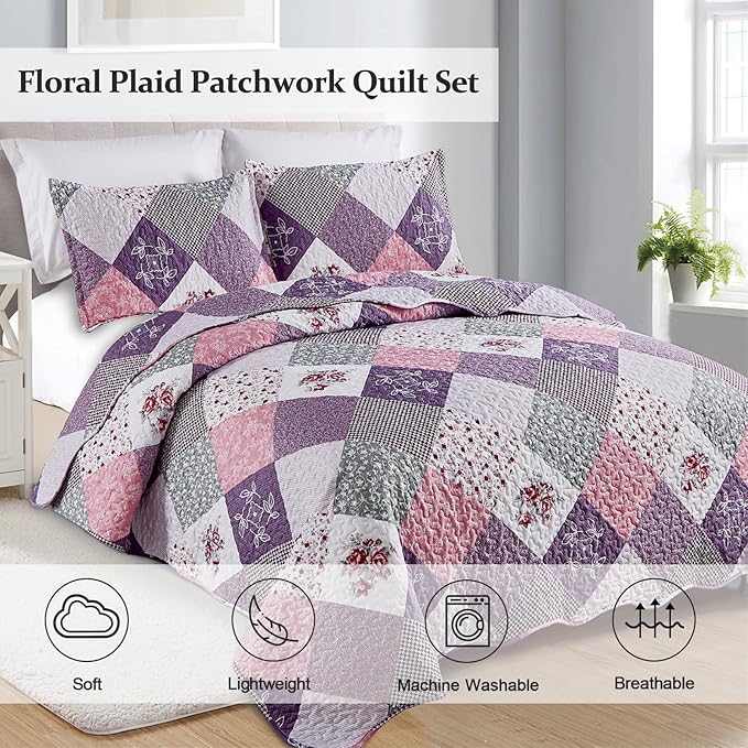 Dinjoy Purple Quilt Set Twin Size, Reversible Floral Plaid Patchwork Pattern Bedding Set Soft Microfiber Lightweight Bedspread 3 Piece Spring Summer Fall Use (68x86 inches)