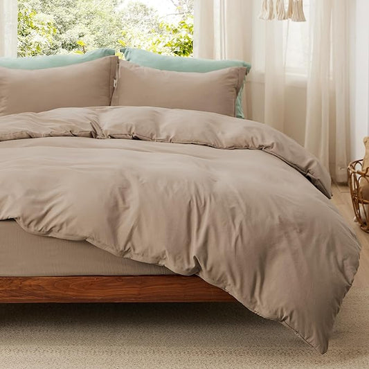 Bedsure Duvet Cover Queen Size with Fitted Sheet - 4 Pieces Prewashed Cotton-Like Extra Soft Bedding Set, Includes 1 Duvet Cover 90x90 Inches, 2 Pillow Shams, 1 Fitted Sheet, Deep Beige