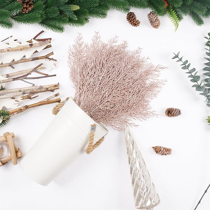 Christmas Glitter Twig 24pcs Artificial Pine Tree Picks for Christmas Tree Ornaments fillers, DIY Xmas Wreath, Crafts, Garland, Holiday, Party, Wedding and Home Decoration (Rose Gold)
