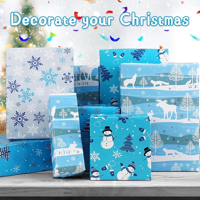 Boy Christmas Wrapping Paper Folded Sheets,Blue White Winter Xmas Wrapping Paper Christmas Paper Set for Boys Teen Men Kids Children,Papel de Regalo Navidad 4 Style Snowflake Deer Snoman Gift Wrap Holiday Gift Wrapper Paper with Gift Tag Ribbion for Ne...