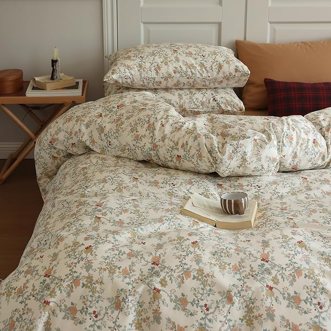LifeTB Vintage Garden Floral Duvet Cover Queen 3 Pieces Soft Cotton Girls Cottagecore Bedding Set Botanical Flower Comforter Cover with Zipper Closure Floral Branches Vintage Country Bedding