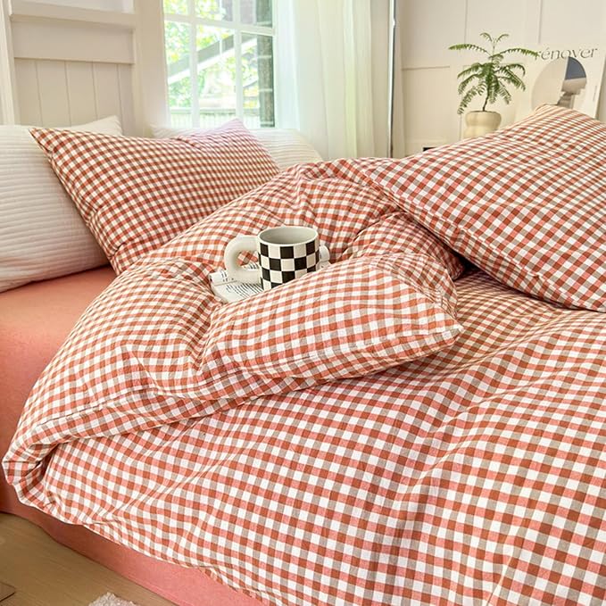 LifeTB Queen Comforter Set Modern Style Red Orange Gingham Comforter Lightweight Plaid Checkered Pattern Comforter Soft Fluffy Gingham Bedding Set Farmhouse Grid Plaid Comforter Set Queen