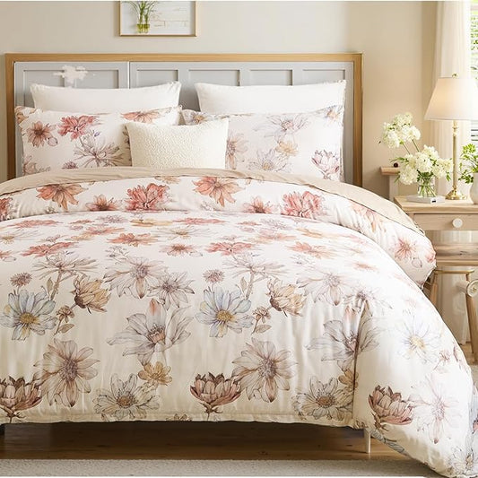100% Cotton Duvet Cover King Size – Cream Hand-Drawn Watercolor Blooms Duvet Cover Set with Zipper Closure & Corner Ties, 3-Piece Luxury & Silky Soft Bedding Set for All Seasons