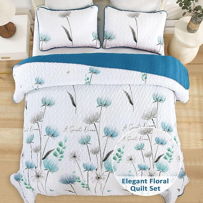 Dinjoy Floral Quilt Set California King Size,Teal Bedspread Farmhouse Bedding Set Soft Lightweight Summer Quilts 3 Piece White Oversized Bedspreads Flower Bed Sets (Cal King,112"x96")