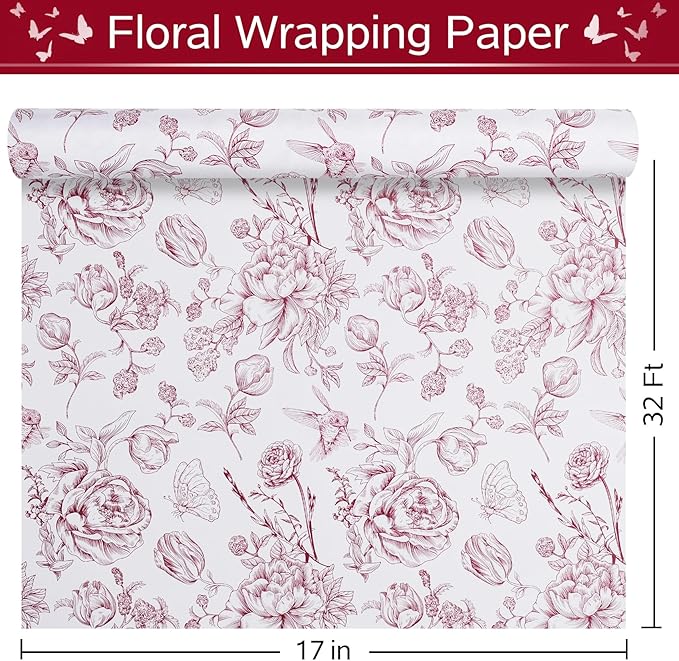RayofSun Wine Red Floral Wrapping Paper Roll 17 in x 32 ft Mini Roll Vintage Toile Flower Gift Wrap Paper for All Occasion Wedding Birthday Bridal Shower Party Baby Shower Christmas
