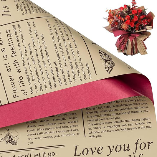 WRAPAHOLIC 20 Sheets Reversible Flower Wrapping Paper - 22 x 22 inch Retro Lettering and Red Water-Resistant Floral Bouquet Wrapping Paper, Florist Supplies Packaging Paper for Wedding Gift DIY