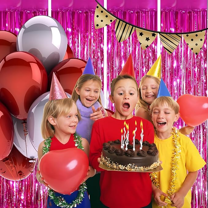 Keyali 4 Pack 3.3 * 8.3 ft Foil Curtain Metallic Tinsel Fringe Curtains Photo Booth Props Backdrop for Birthday Wedding Engagement Baby Shower Christmas Holiday Celebration Partyl,Hot Pink