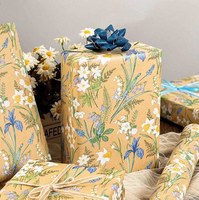 MAYPLUSS Kraft Floral Wrapping Paper - 17Inch x 33Feet - Elegant Meadow Gift Wrap Boho Garden Watercolor Flower Gift Wrapping Paper for Birthday, Wedding, Mothers Day, Bridal Shower, Engagement