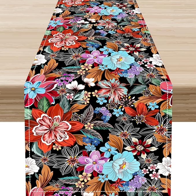 Floral Table Runner, Vintage Colorful Flower Bohemian Floral Print Table Center Decor for Family Kitchen Table Decorations Indoor Outdoor 13x108 inch