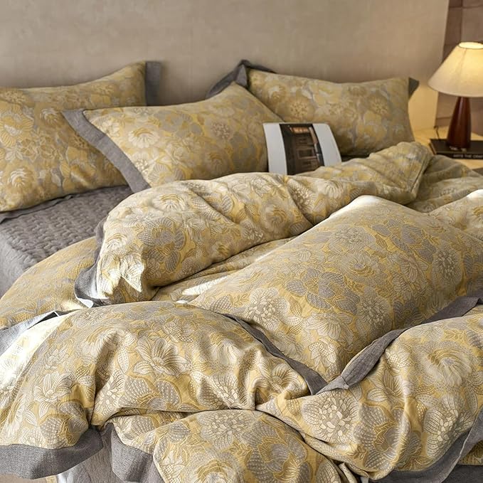 Golden Floral Duvet Cover Twin XL Vintage Jacquard Flower Bedding Set Linen Cotton Yarn-Dyed Textured Duvet Cover Bordered Farmhouse Boho Floral Comforter Cover with Zipper Closure Cozy Breathable
