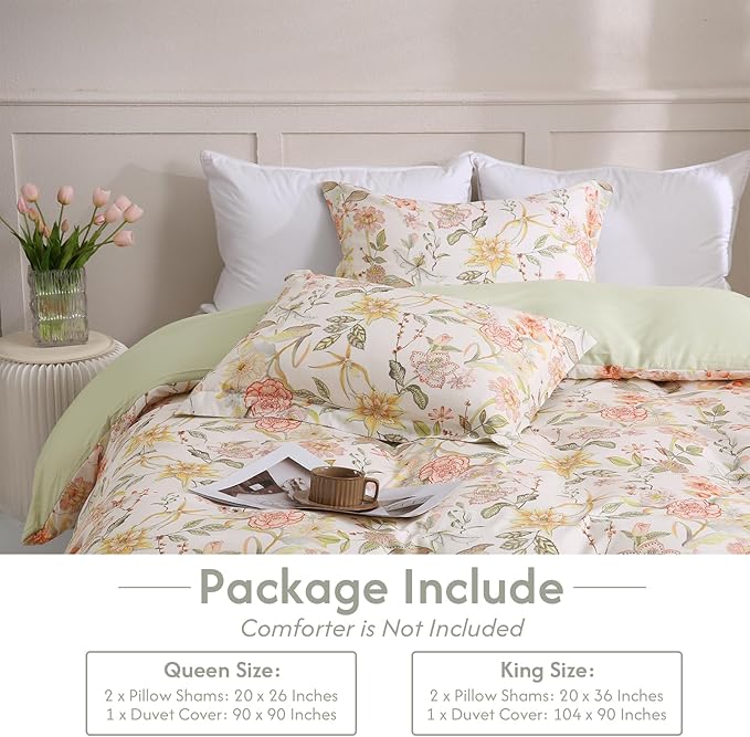 LONAVA King Floral 3 Pcs Duvet Cover Set, Breathable Soft Microfiber Glass Green Lining Comforter Cover with Zipper Closure, and 2 Anti-Pilling, Fade Resistant Pillowcases, Fall Floral