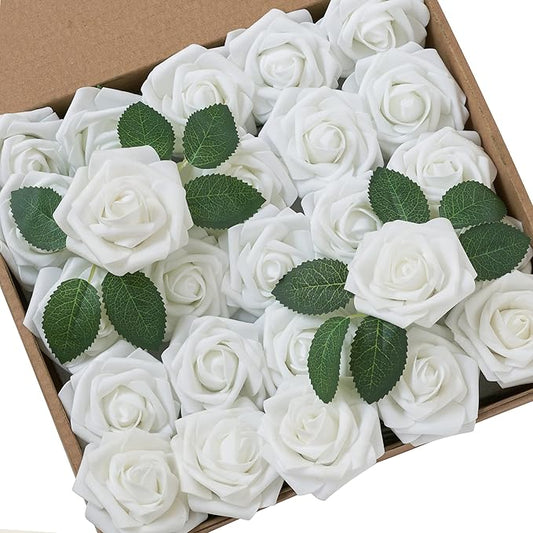 Artificial Flowers, 25pcs Artificial Rose for DIY Wedding Bouquets Centerpieces Arrangements, White Foam Rose with Stem for Bridal Shower Party Home Decorations