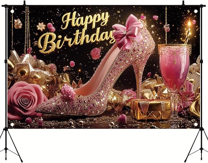Luxury High Heel Birthday Backdrop Banner Pink Glitter Shoe Photography Background Rose Gold Decor for Women Girls Party Decorations Fashion Booth Studio Props 71 x 43 Inch