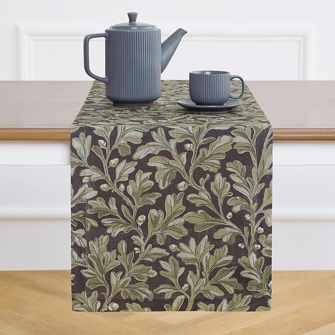 Solino Home 100% Pure Linen Table Runner 120 Inches Long - Floral Print Green and Brown Table Runner 14 x 120 Inch - Handcrafted and Machine Washable - Fallen Leaves Print