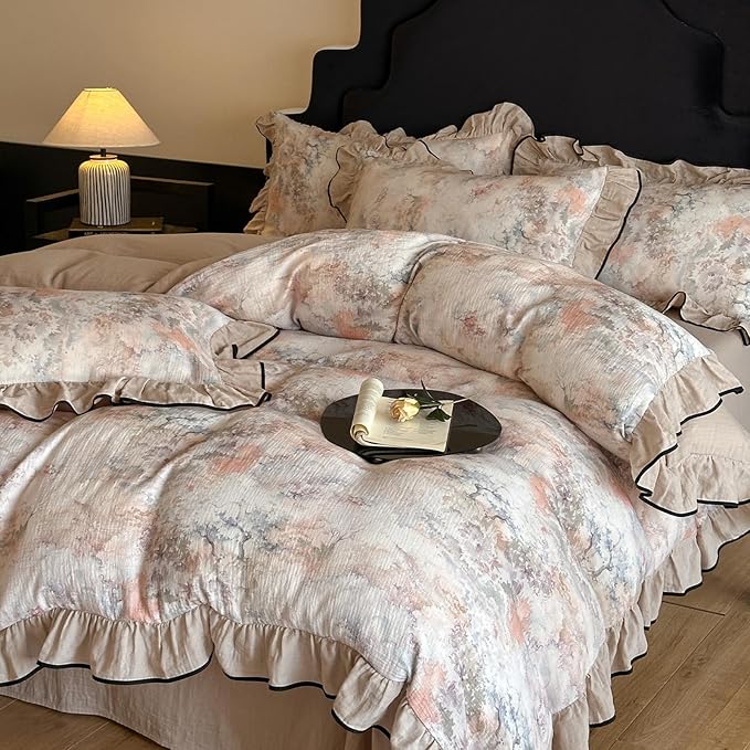 HighBuy Girl Linen Duvet Cover Set Twin XL Beige Ruffle Design,Vintage Floral Yarn Dyed Ruffled Bedding Set Natural French Breathable Farmhouse Bedding - 1 Twin XL Duvet Cover 2 Pillowcases