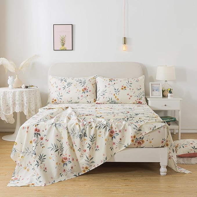 FADFAY Floral Sheets Set Cal King Vintage Pink Floral Bedding Shabby Beige Sheets Rustic Farmhouse Bedding 800 Thread Count 100% Egyptian Cotton Deep Pocket Fitted Sheet 4Pcs, California King Size