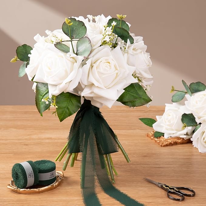 DORIS HOME Green and Cream Chiffon Ribbon for Flower Bouquet, 1" x21Yd Fabric Ribbon for Gift Wrapping, Handmade Frayed Ribbon for Wedding Invitations/Christmas Decorations