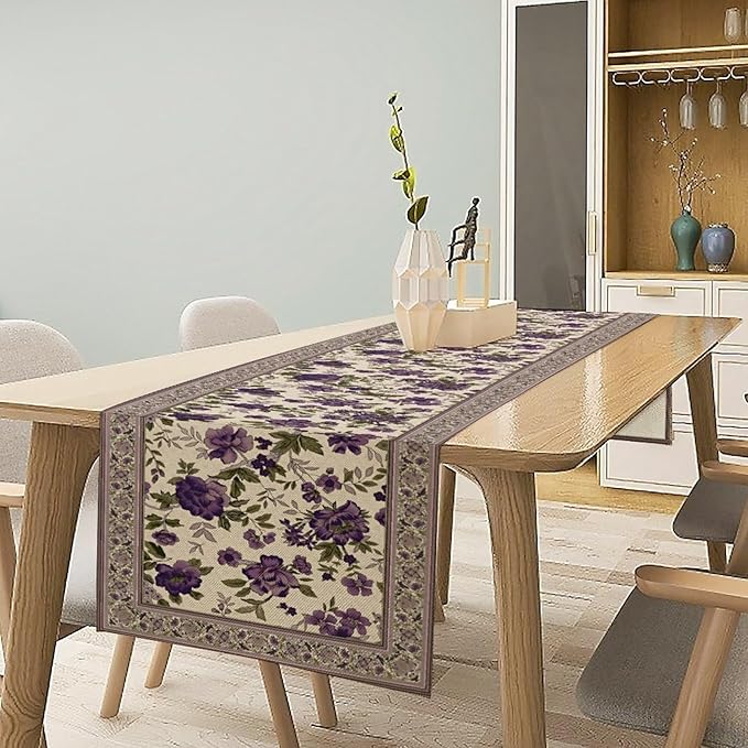 Vintage Floral Table Runner, Elegant Purple Flowers Retro Design Table Runner for Kitchen Dining Holiday Party Decoration, 13x108 Inch