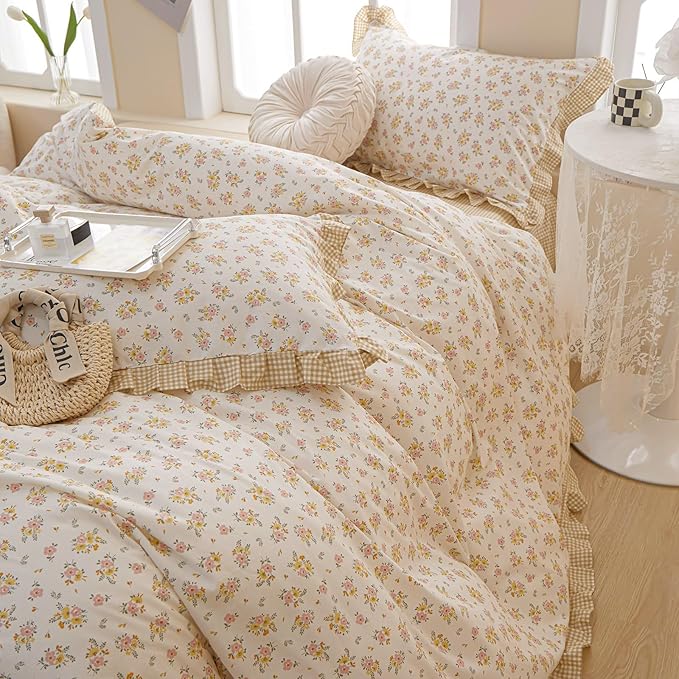 Floral Ruffle Duvet Cover King Chic Floral Lace Duvet Cover 100% Cotton Flower Bedding Set Romantic Ruffle Comforter Cover Vintage Garden Style Botanical Duvet Cover Girls Princess Bedding Set King