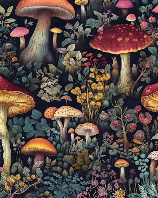 Mushroom Wallpaper Peel and Stick Floral Contact Paper Vintage Leaf Wall Paper for Bedroom Bathroom Countertop Removable Waterproof Black Colorful 17.5 x 196.5In