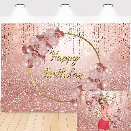 Pink Rose Gold Happy Birthday Backdrop Glitter Rose Gold Floral Balloon Bokeh Photography Background Girls Lady Sweet 16th 21th 30th Birthday Party Cake Table Photo Props 8x6FT