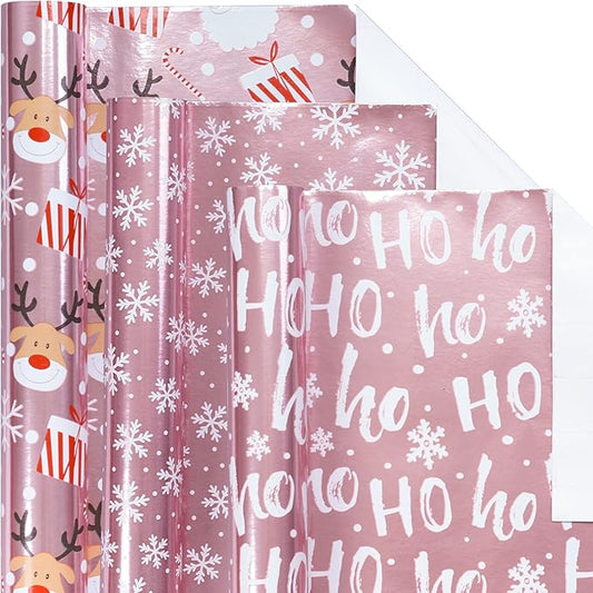 LeZakaa Christmas Wrapping Paper Mini Roll, Pink Metallic Foil Shine Paper - Snowflakes/Santa Claus/HO Print for Gift Wrap, Arts Crafts - 17 x 120 inches - 3 Rolls (42.5 sq.ft.ttl.)