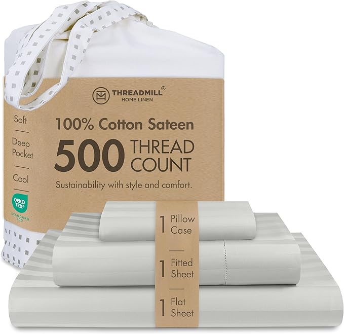 Threadmill 500 Thread Count Twin Size Damask Stripe, 3 Pc Luxury Cotton Bedding Set, Breathable Light Grey Sheets with 15" Elasticized Deep Pocket, 1 Pillowcase & Free Tote Bag