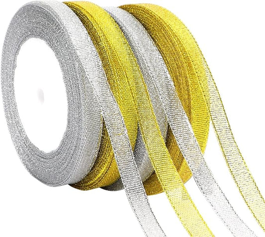 DECYOOL 4 Rolls 100 Yards Christmas Ribbons 10mm Wide Holiday Metallic Glitter Ribbons for Gift Wrapping and DIY Craft, Gold & Silver
