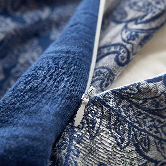 Full Duvet Cover Vintage Blue Floral Duvet Cover Boho Paisley Bedding Set Linen Cotton Yarn-Dyed Textured Duvet Cover with Zipper Closure Reversible Paisley Flower Comforter Cover with 2 Pillowcases