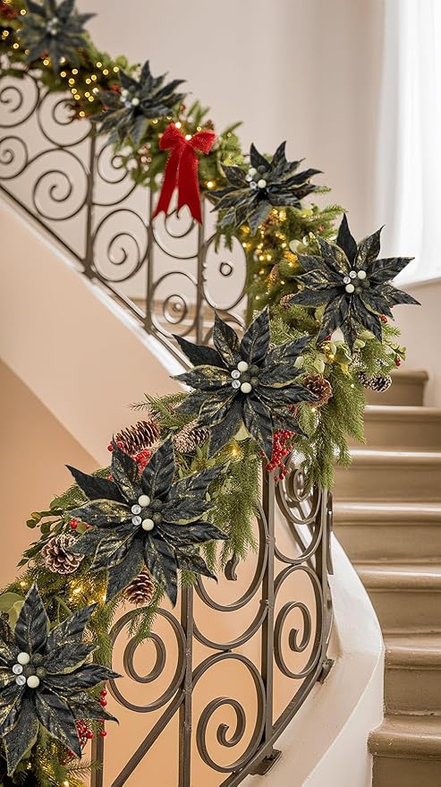 DILATATA 3 Pcs Artificial Christmas Flowers 13 Inch Glitter Poinsettia Picks Christmas Tree Ornaments Topper Decorations Black Poinsettias Flowers for Xmas New Year Wreath Garland Wedding Home Decor