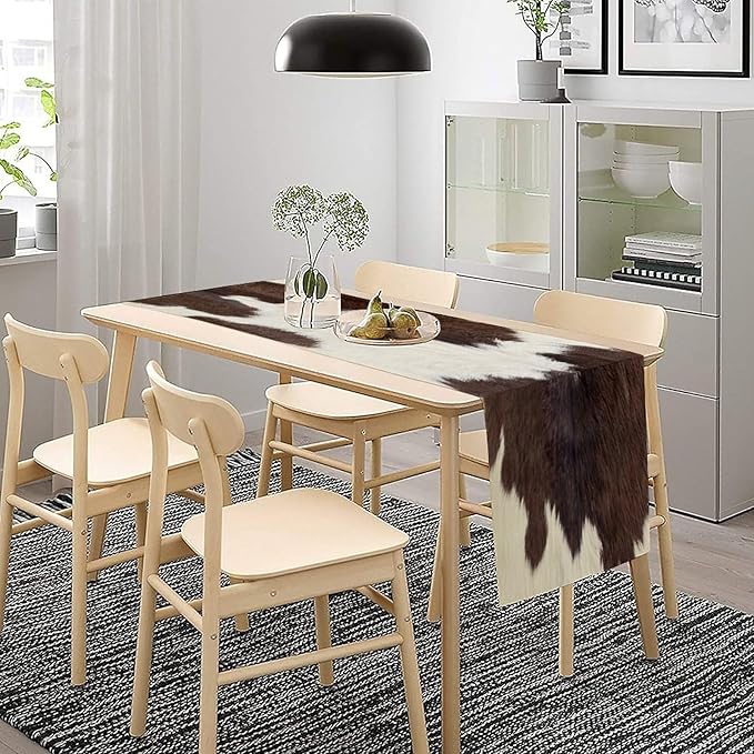 Cow Skin Print Table Runner, Rustic Farmhouse Cottage Country Animal Fur Skin Western Style Brown Cowhide Print Dinner Runner Table Decoration for Home Kitchen Dining 13x70in