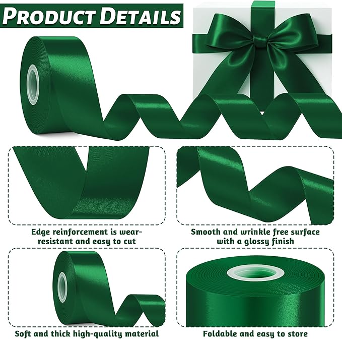 Fullive 1 1/2 Inch Christmas Ribbon, 30 Yards Forest Green Ribbon for Gift Wrapping, Polyester Solid Satin Ribbon for Flower Bouquet for St. Patrick's Day Christmas Decorations Floral Arrangements