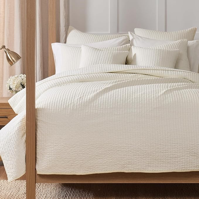 Levtex Home Cross Stitch Reversible Twin XL/Twin Quilt Set (68x86in) with 1 Pillow Sham (26x20in) - Stitch Texture - Cream - 100% Cotton Twin Size Quilt Bedding Set - Lightweight, Soft, Pre-Washed