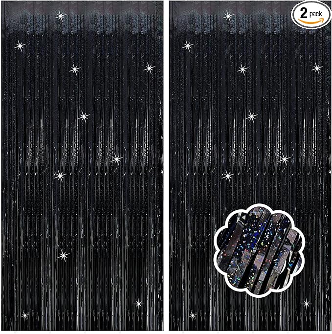 2 Pack Black Streamers Birthday Decorations Tinsel Backdrop Black Foil Fringe Curtain Halloween Party Decorations Wednesday Graduation Wizard Party Decor