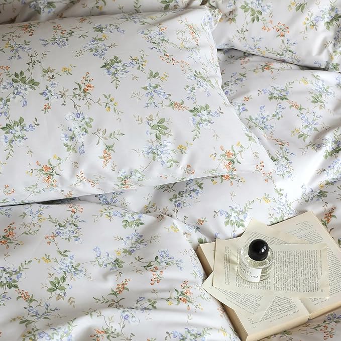 HighBuy Grey Comforter Set Twin XL Size Boho Style with Blue Flower Botanical Bedding Comforter for Cute Cottage Bedding Collection All Season,Decorative Elegant Cozy Cooling Comforter