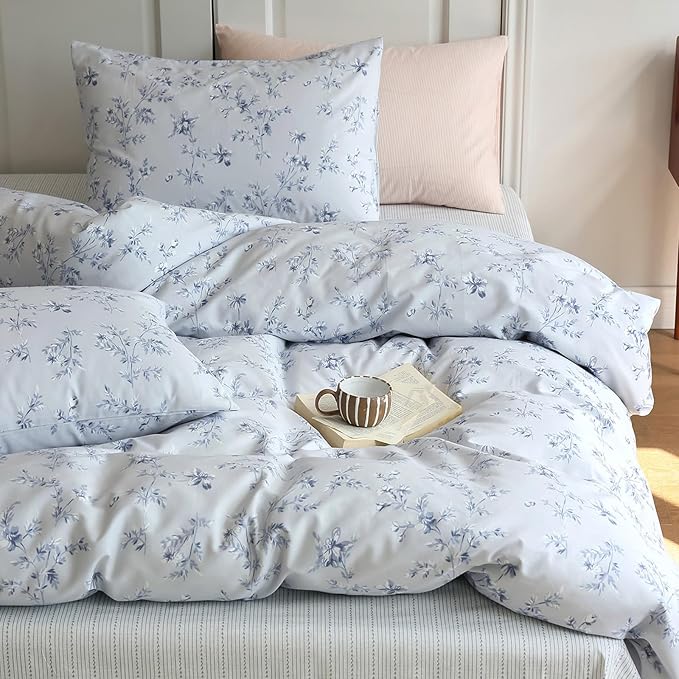 HighBuy Vintage Blue Floral Duvet Cover Queen Premium Cotton Flower Bedding Comforter Cover Boho Floral Girls Bedding Set Queen Garden Style Cottagecore Duvet Cover with Zipper Closure Corner Ties
