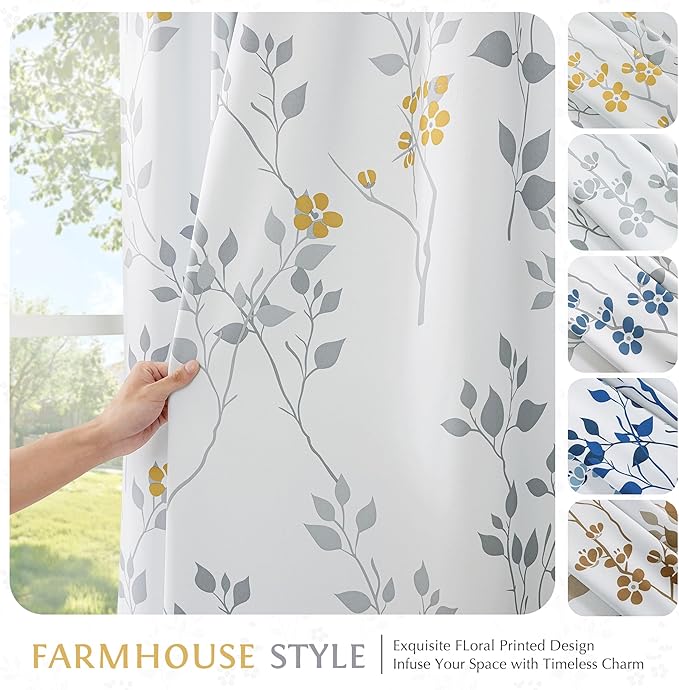 Beauoop Floral 100% Blackout Curtains 54 Inch Length 2 Panels for Bedroom Living Room Yellow Grey and White Flower Patterned Room Darkening Thermal Soundproof Grommet Window Treatments Drapes, 52X54