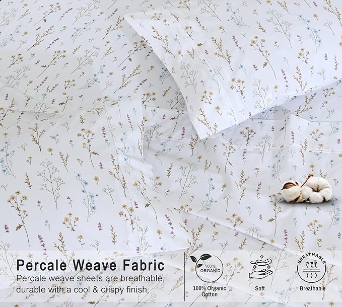 RUVANTI 100% Organic Cotton Sheets Split King, Percale Weave, GOTS Certified, 5-Piece Set, Deep Pocket 15", Crisp & Breathable, Soft Durable Bedding, Sábanas Algodón Orgánico – Field Flower