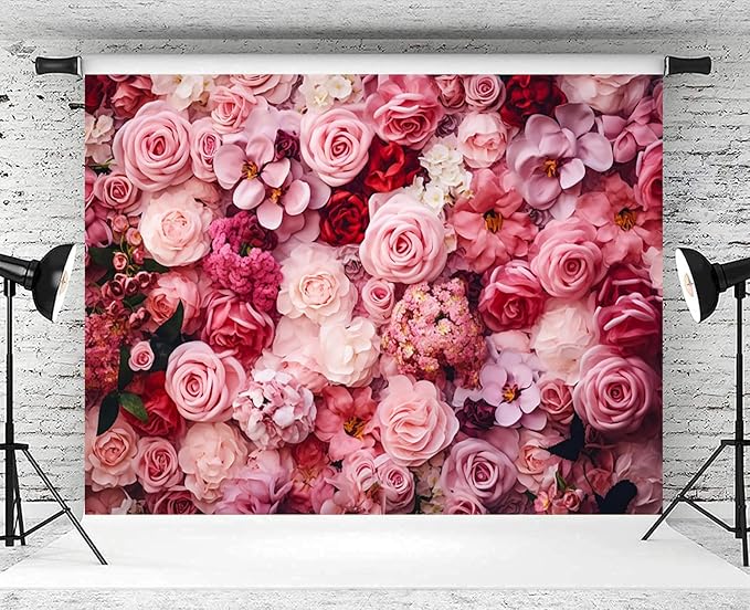12x8ft Flower Backdrop Pink Red Rose Flowers Floral Wall Photography Background Birthday Baby Shower Wedding Party Banner Decorations Supplies Photo Booth Props