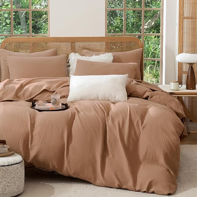Queen Duvet Cover, Luxury Soft Microfiber Double-Layer Crinkle Gauze Cocoa Brown Duvet Cover, 3 Pieces Bedding for All-Season, Lightweight Warmth with 2 Pillowcases
