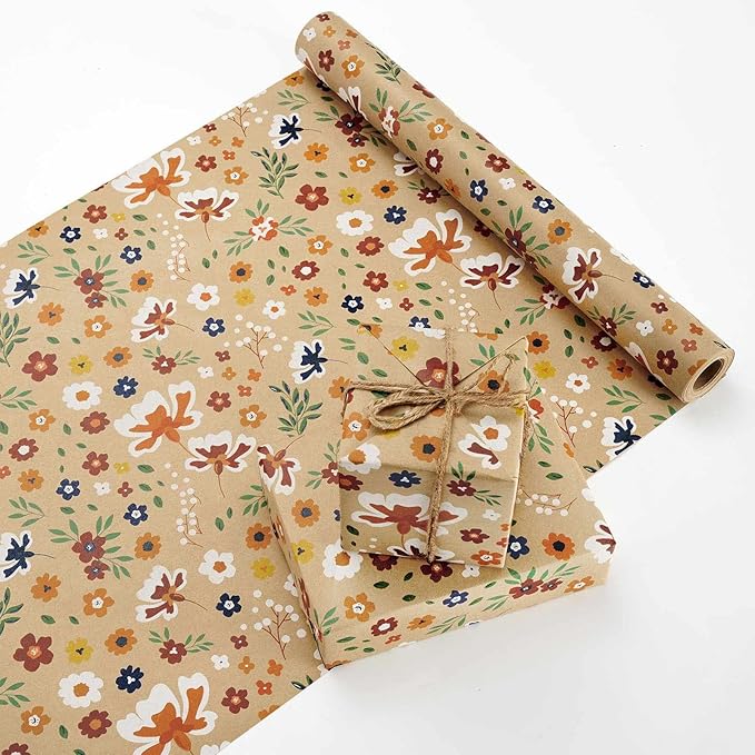WERNNSAI Floral Kraft Wrapping Paper Roll - 1 Roll 17”x 33 ft Flower Bouquet Wrap Favor Brown Gift Wrap Paper Kids Adults Wildflower Decorative Art Supplies for Wedding Spring