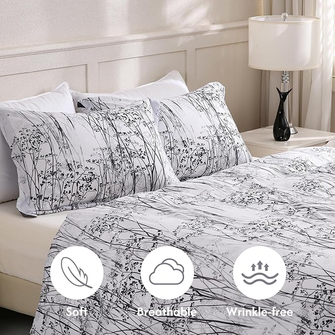 LONAVA Queen Botaincal 3 Pcs Duvet Cover Set, Breathable Soft Microfiber Deep Grey Lining Comforter Cover with Zipper Closure, and 2 Anti-Pilling, Fade Resistant Pillowcases, Winter Forest
